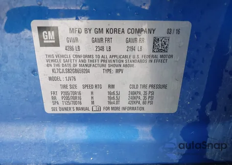 2016 Chevrolet Trax Lt z USA, uszkodzony, nr VIN KL7CJLSB2GB659204